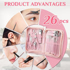MINKINH 26-Piece Professional Manicure Set，Features Stainless Steel Tools, Carbon Steel Clippers & Travel Case for Women's Home and Travel Grooming(Pink)