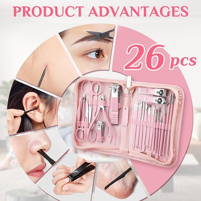 MINKINH 26-Piece Professional Manicure Set，Features Stainless Steel Tools, Carbon Steel Clippers & Travel Case for Women's Home and Travel Grooming(Pink)