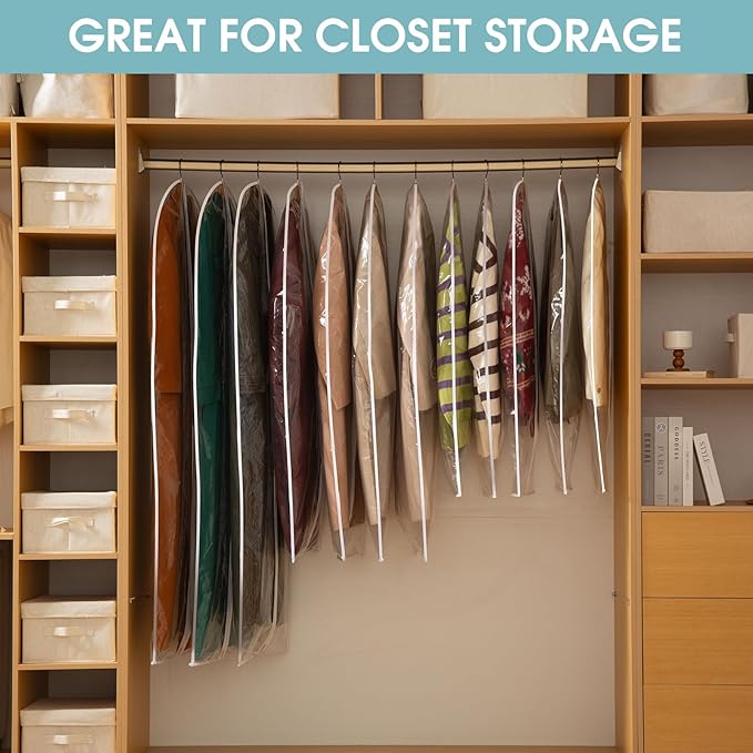Garment Bags for Hanging Clothes, 6 PCs All Clear Garment Bag, Plastic Dustproof Suit Bag, Coat Protector Zippered Garment Covers for Closet Storage and Travel - 24'' x 48''/6 Pack