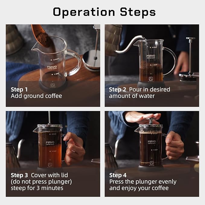 French Press Coffee Maker Stainless Steel Cold Brew Heat Resistant Glass Coffee & Tea Maker with 2 Filter (1000ml/34oz)