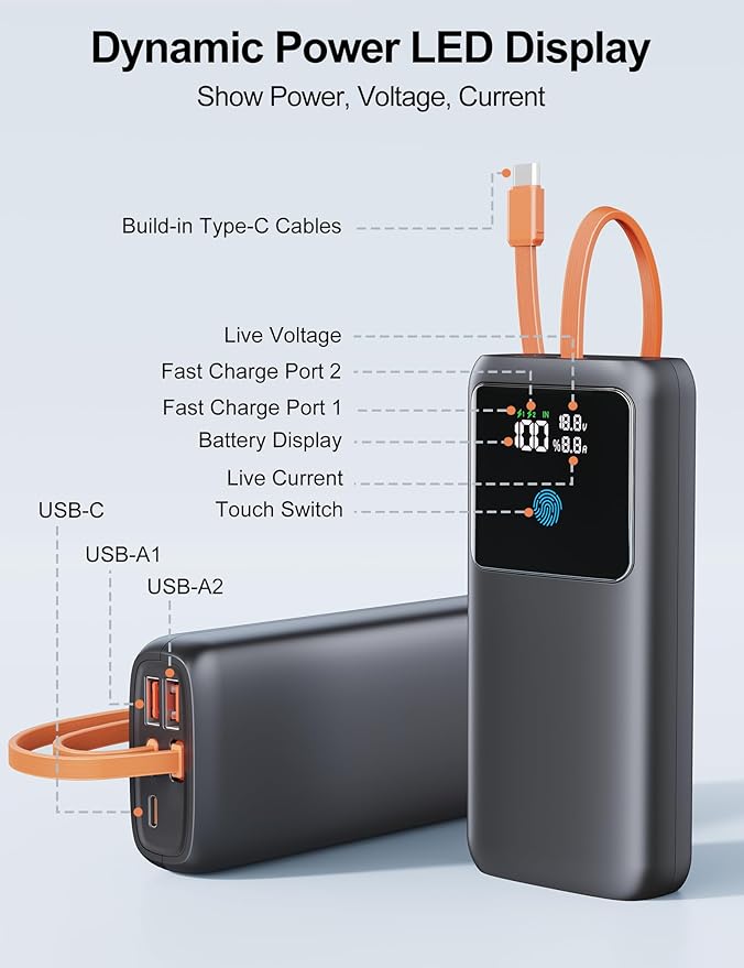 Laptop Power Bank, 24000mAh 65W Fast Charging Portable Charger with Built-in Cable, USB C Battery Pack with LED Display, Travel Essential External Battery Bank for Macbook/Notebook/Tablet/Phone Black