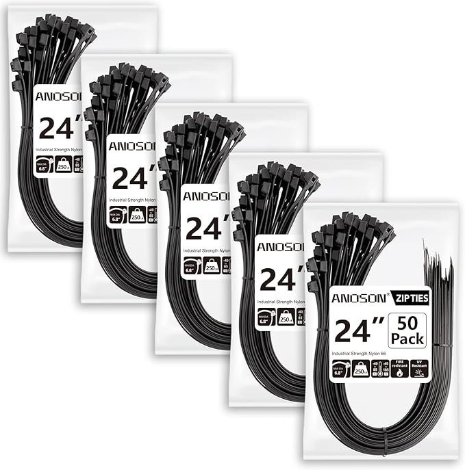 Large Zip Ties Heavy Duty Outdoor 24 inch (250 Pack), Heavy Duty Zip Ties 220 lbs, Black, by ANOSON