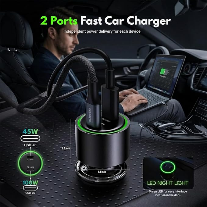 [Esoulk] 145W Fast USB C Car Charger, Dual PD Car Charger Adapter with 100W + 45W Ports, Cigarette Lighter USB Charger for iPhone, Samsung, Laptop