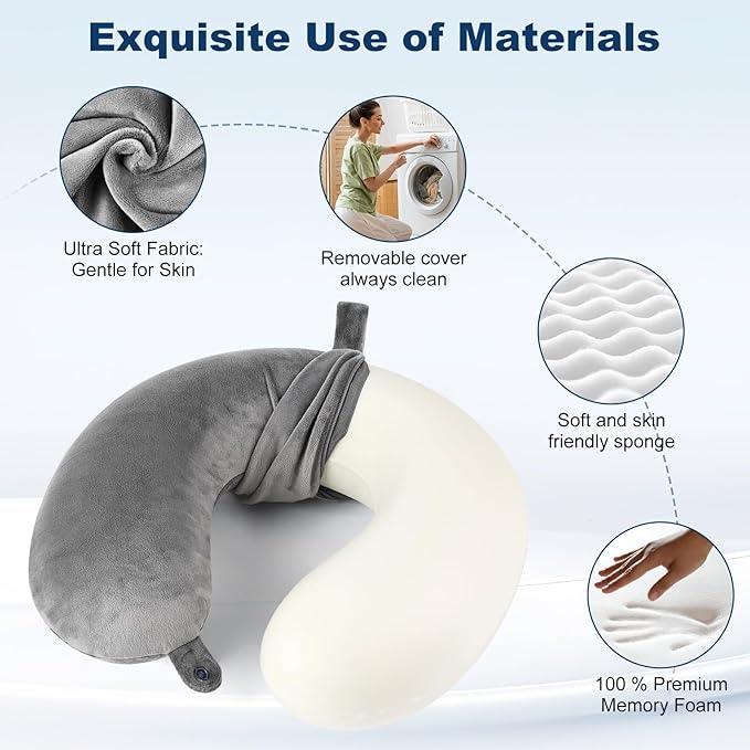 GDEOUP Travel Pillow 100% Pure Comfortable U Shape Memory Foam Pillows Neck and Head Support Portable Travel Neck Pillow Suitable for Planes Airplane for Traveling,Train,Self-Drivingng Car,(Grey)
