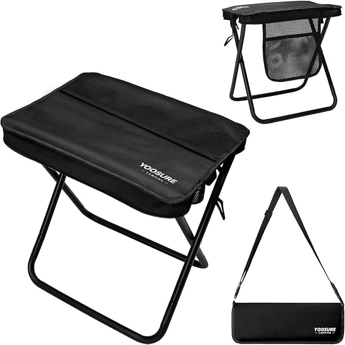 16" Extra Tall Portable Folding Stool for Adults, XL Collapsible Camping Stool with 3 Storage Pockets, Heavy Duty Compact Seat for Fishing, Hiking, Gardening