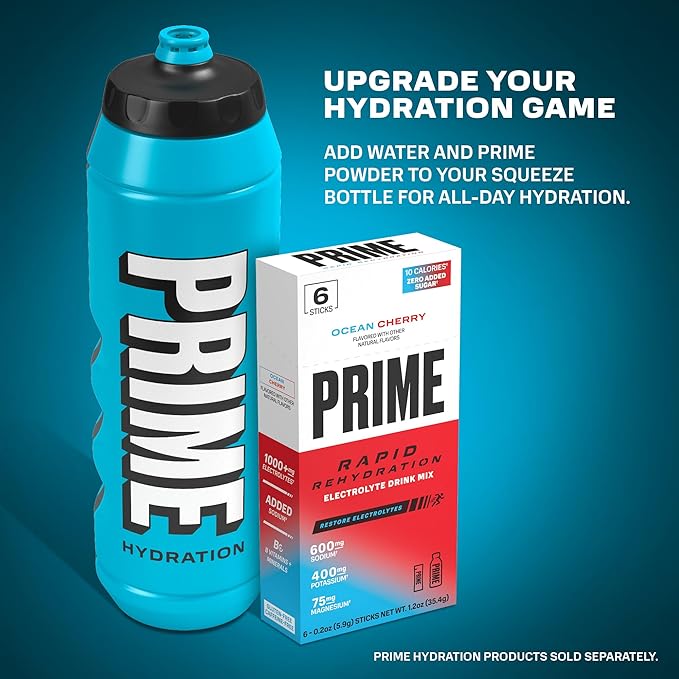 PRIME 32 oz Blue Squeeze Sports Water Bottle, BPA Free, Dishwasher Safe, Easy-Grip Ergonomic Leakproof Design, Fast Hydration for Gym, Cycling, Running