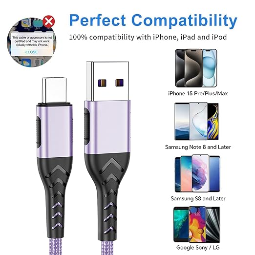 Durcord USB C Charger Cable, 2Pack 10ft Fast Charging USB Type C Cord Cable for Android Phone Pad Laptop, USB A to USB C Type C Charger Cable Compatible with iPhone 15 Pro/Plus/Max-Light Purple