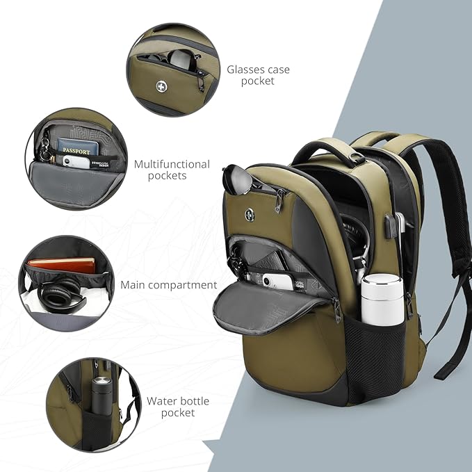 Swissdigital Design Business Laptop Backpack, College Laptops Backpack with USB Charging Port for Men and Women Fits 16 Inch Notebook, Olive | SD1670-26