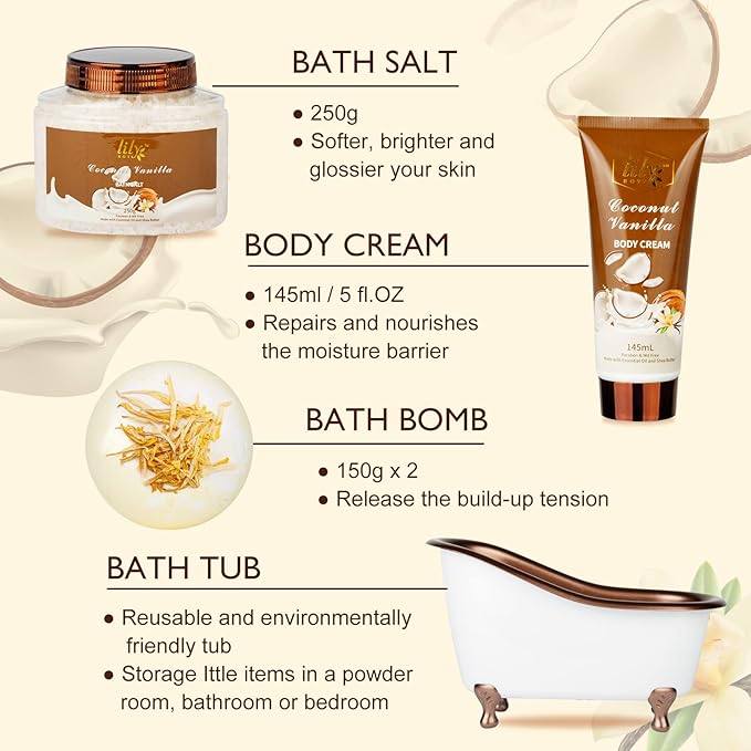 Mothers Day Gifts for Mom, Gifts for Women, 7-Piece Coconut Vanilla Bath and Body Gift Set, Spa Kit | Spa Gifts for Valentines Day, Fathers Day, Birthday, Christmas Gift, All Occasion Gift