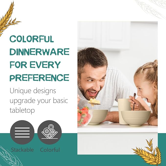 Teivio 32-Piece Kitchen Plastic Wheat Straw Dinnerware Set, Service for 8, Dinner Plates, Dessert Plate, Cereal Bowls, Cups, Unbreakable Plastic Outdoor Camping Dishes, Beige