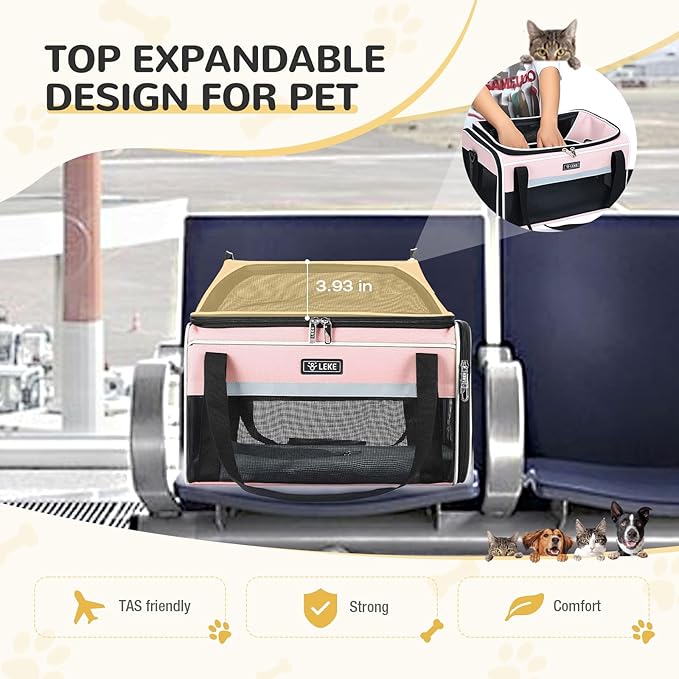 Lekereise Top-Expandable Pet Carrier 17x11x9.5 Inch Alaska Hawaiian Airline Approved Soft Sided Underseat to 12lbs Travel Carriers for Small Cats and Dogs with Locking Safety Zippers Anti-Scratch Mesh