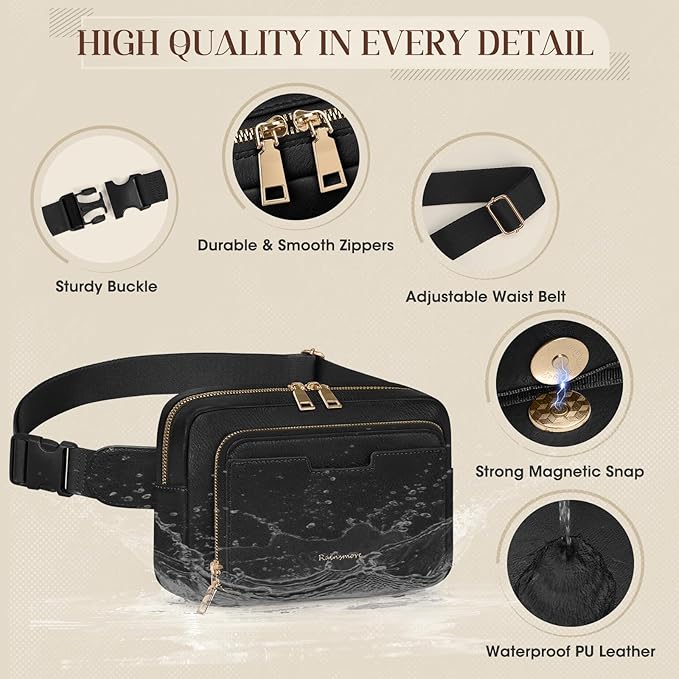 RAINSMORE Fanny Packs for Women, Leather Belt Bag Waterproof Everywhere Crossbody Waist Pack with Adjustable Strap Retro Sling Chest Bag for Work Running Travel Party, Black