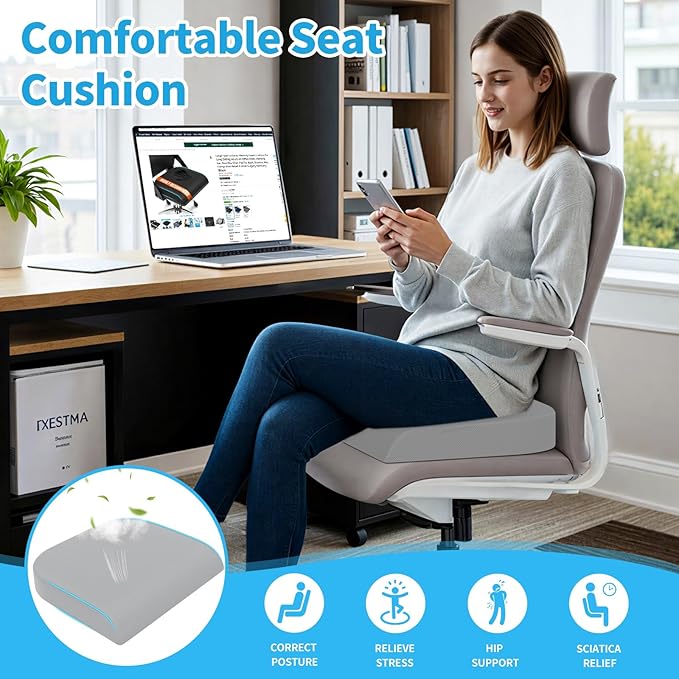 TranquilRelax XLarge Seat Cushion, Memory Foam Cushion for Long Sitting Hours on Office Chair, Home & Car, Non-Slip Chair Pad for Relieving Back & Sciatica & Hip & Coccyx Pain (Light Grey)