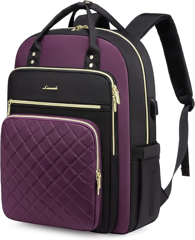 LOVEVOOK Laptop Backpack Purse for Women, 17" Laptop Bag with USB Port, Water Resistant Lightweight Daypacks for College Travel Work Business, Nurse Teacher Computer Bags, Purple Black