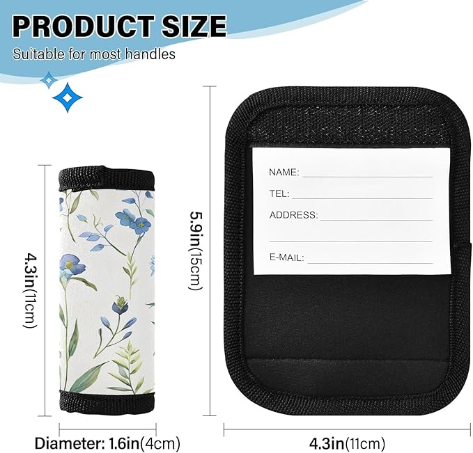Blue Wildflower Watercolor Luggage Handle Wrap for Suitcase Luggage Tags Handle Covers Identifiers Soft Decorations Travel Accessories 2 Pack