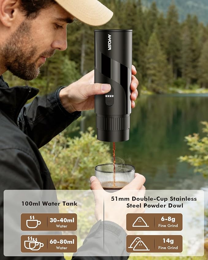 Portable Electric Espresso Machine & Manual Coffee Grinder & Electric Milk Frother All in 1 Mini Travel Coffee Maker Set for Camping, Car, RV, Hiking, Office, Home, Ground Coffee & NS Capsules Pod