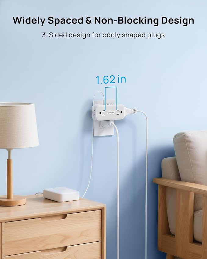 TROND Outlet Extender with 360 Rotating Plug, Plug Adapter with 4 Electrical Sockets and 4 USB Ports, 900 Joules Surge Protection, 3 Way Outlet Splitter for Home Office Travel, White