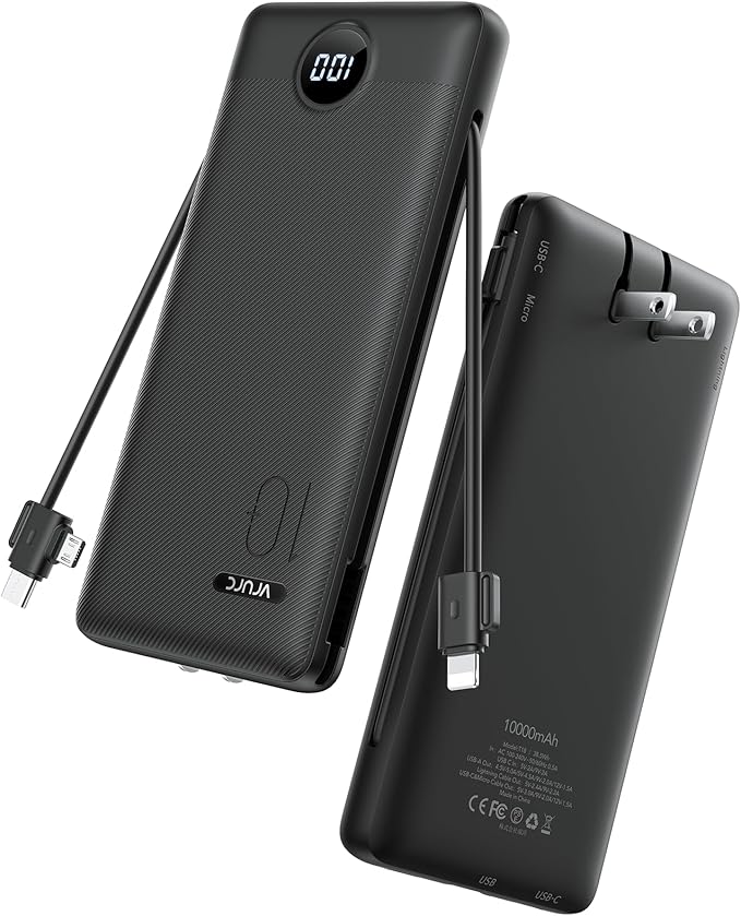 VRURC Portable Charger Power Bank - 10000mAh Fast Charging PD 20W with Wall Plug Slim Portable Charger Built in Cables USB C Portable Phone Charger Travel Accessories -Black(1 Pack)