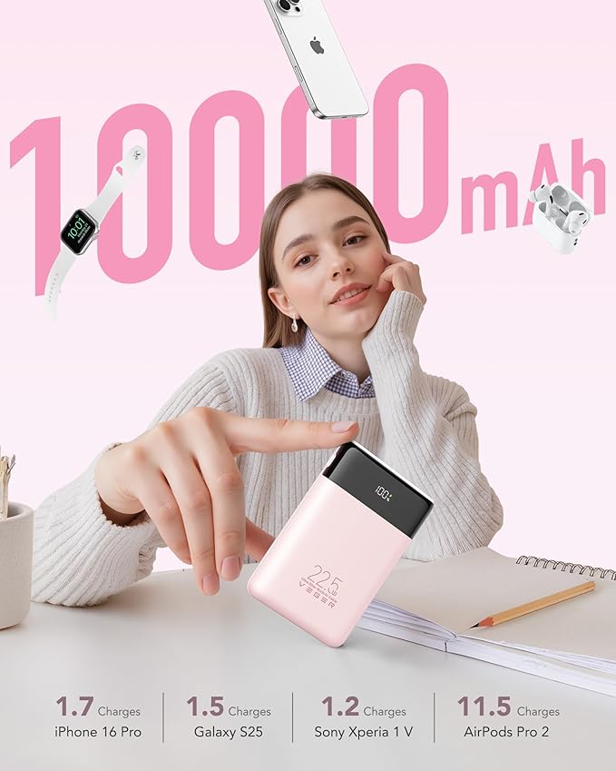 VEGER Portable Charger, Ultra Slim 22.5W Fast Charging with Built in Cable, Flight-Safe 10000mAh USB C Power Bank Battery Pack, Travel Essential Phone Powerbank for iPhone 17 16 Samsung S25 Google etc