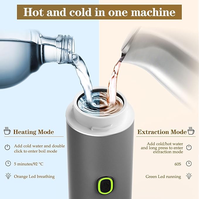 CAFFETTO - Portable 3-in-1 Coffee Maker (Capsule & Ground) - USB-C self-heating espresso machine - 20-bar pump pressure, 7500mAh battery - One-touch operation, detachable parts - Grey