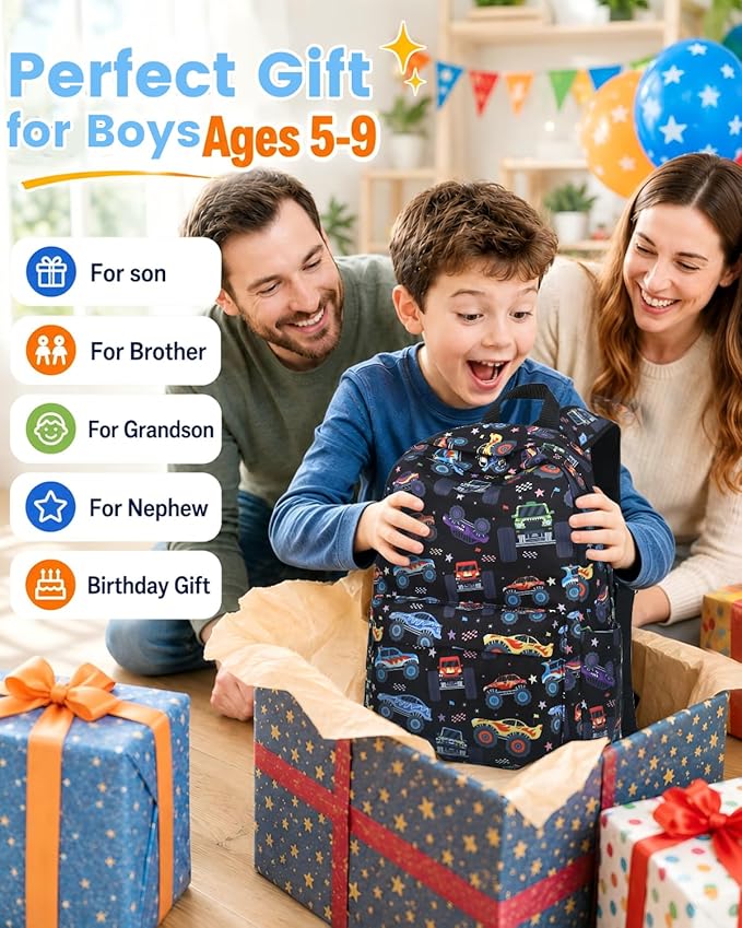 CAMTOP Kids Backpack for Boys, Preschool Toddler Backpack Kindergarten School Bookbag for Age 3-8(Monster Truck)