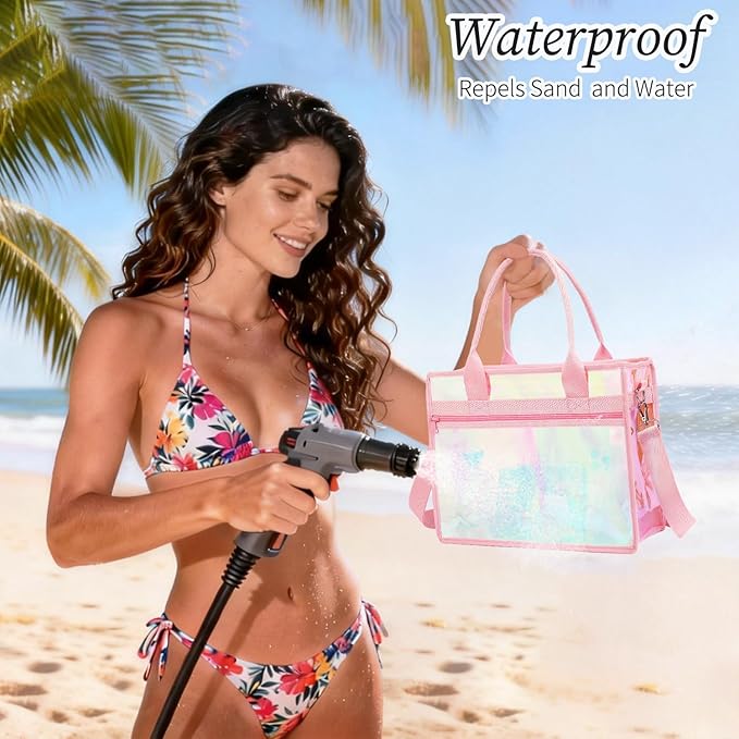Fammart Iridescent Clear Beach Bag for Women, Jelly Tote Bag Waterproof Sandproof Pool Bag Cruise Vacation Essentials