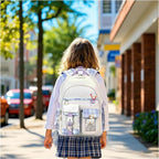 PRLINJSK Girls Backpack，Cute School Backpack for Girls Kids Teens，Kawaii Bookbag for Primary Elementary，White