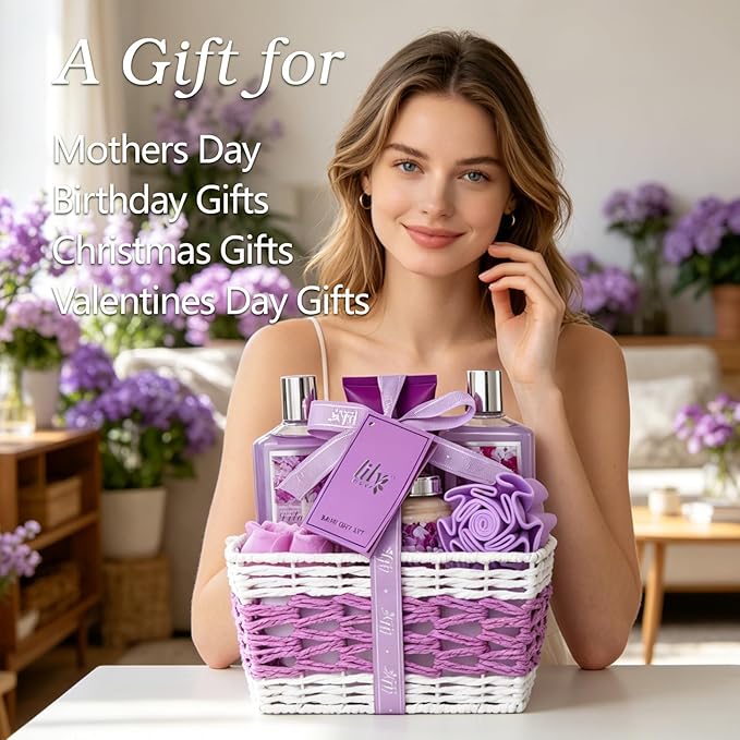 Gifts for Women, Spa Gift Baskets for Women - 9 Pcs Lavender Bath and Body Gift Basket | Christmas, Birthday, Mothers Day, Valentines Day Gift for Her, Perfect Gift for Mom All Occasion