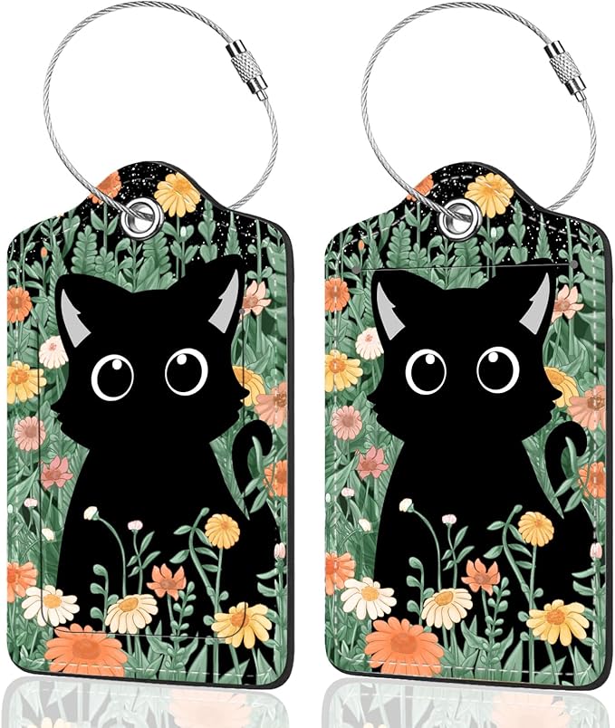 2Pack Luggage Tags for Suitcases, Cute Unique Pu Leather Cruise Luggage Tag with Privacy Cover ID Label Address Card and Metal Ring Suitable for Women Men Kids Travel Bag Orange Flowers and Cats