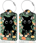 2Pack Luggage Tags for Suitcases, Cute Unique Pu Leather Cruise Luggage Tag with Privacy Cover ID Label Address Card and Metal Ring Suitable for Women Men Kids Travel Bag Orange Flowers and Cats