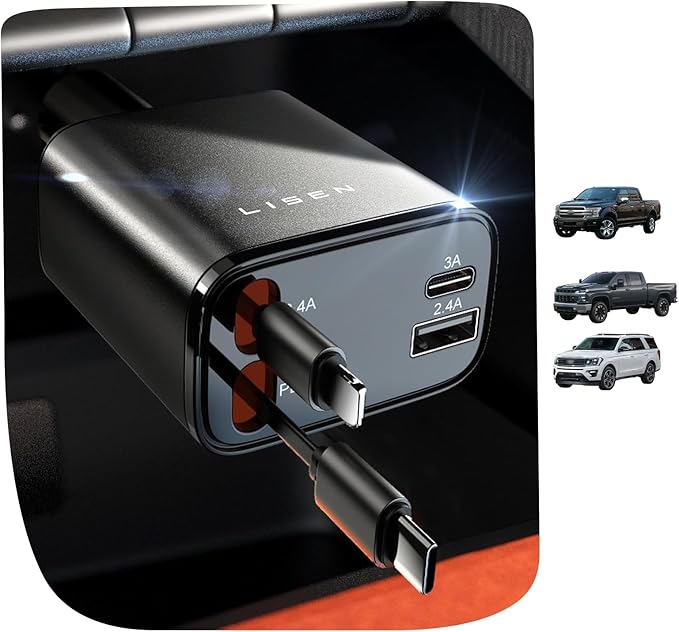 LISEN Retractable Car Charger, [2026 Upgrade 50 inch ] Long 4 in 1 Retractable Cable Car Charger, USB C Car Charger Fast Charging for iPhone 17 16 15 14 13 12 11 X Pro Max Plus Mini, Samsung S26 S25