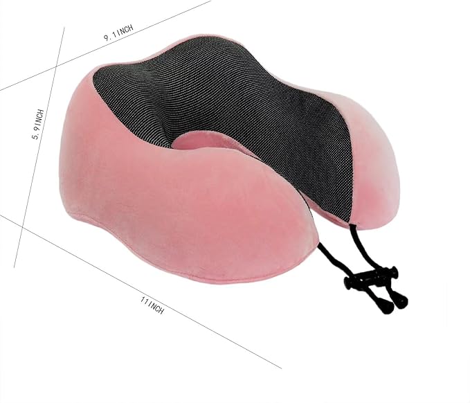 Memory Foam Travel Pillow, Neck Pillow with 360-Degree Head Support, Comfortable and Lightweight, Ideal for Sleeping on Airplane, Car, Train, Bus and Home Use, Comes with Storage Bag (Pink)