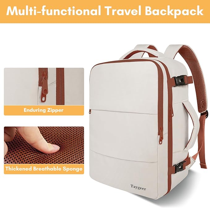 Taygeer Backpack for Women, College Backpack with Laptop Compartment & Shoe Pouch, 35l Travel Laptop Mochila Carry On Luggage, Airline Approved Personal Item Bag For Weekender Gym Hiking, Khaki White