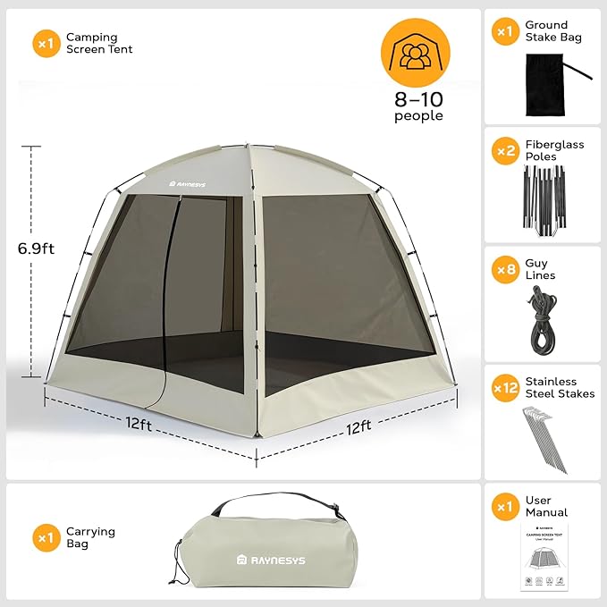 12 × 12ft Camping Screen Tent for 8-10 People, Easy Setup House Tent with 8 Ground Stakes & 4 Windproof Ropes, Portable Screened Canopy with Mosquito Net for Outdoor, Patios, Backyard, Beige