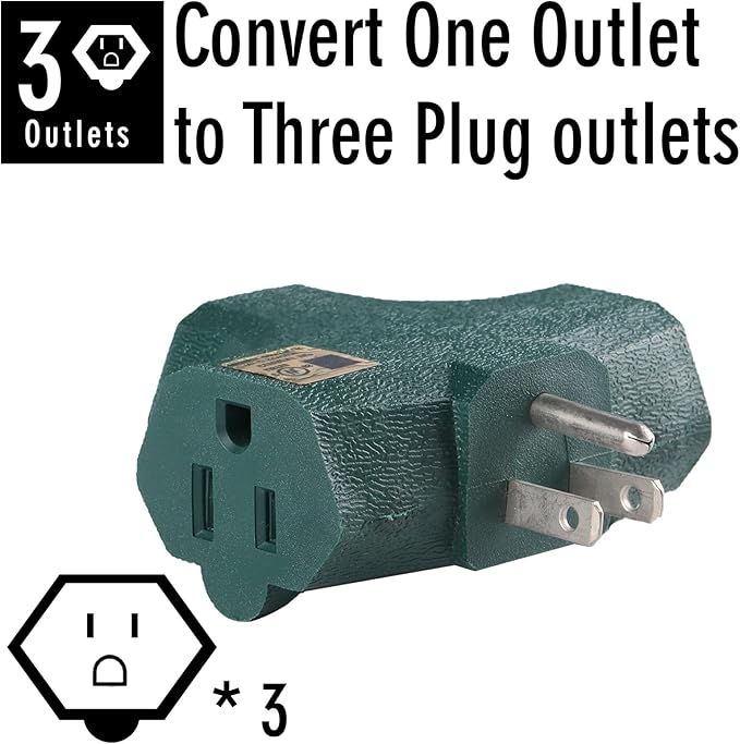 3 Way Plug Adapter - UL Listed - Outdoor Outlet Splitter 3 Prong - Electrical Outlet Extender, Wall Outlet Expander, Outdoor Heavy Duty Triple Plug Outlet Adapter
