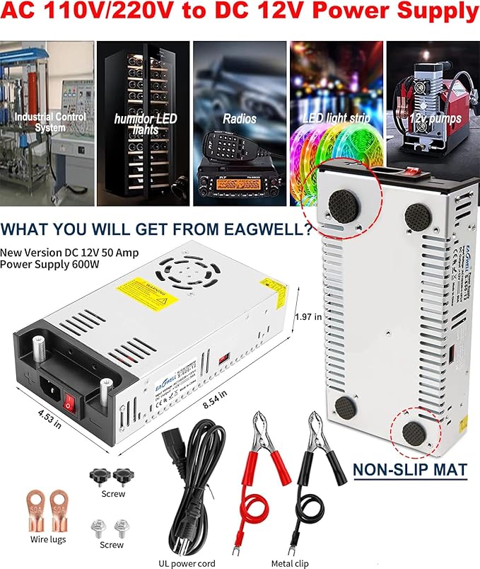 EAGWELL New Version 110V AC to 12V DC Converter 600W Power Supply 50A, Universal SMPS Transformer for RV, Pump, LED Strip, CCTV, Car Stereo,Diesel Heater