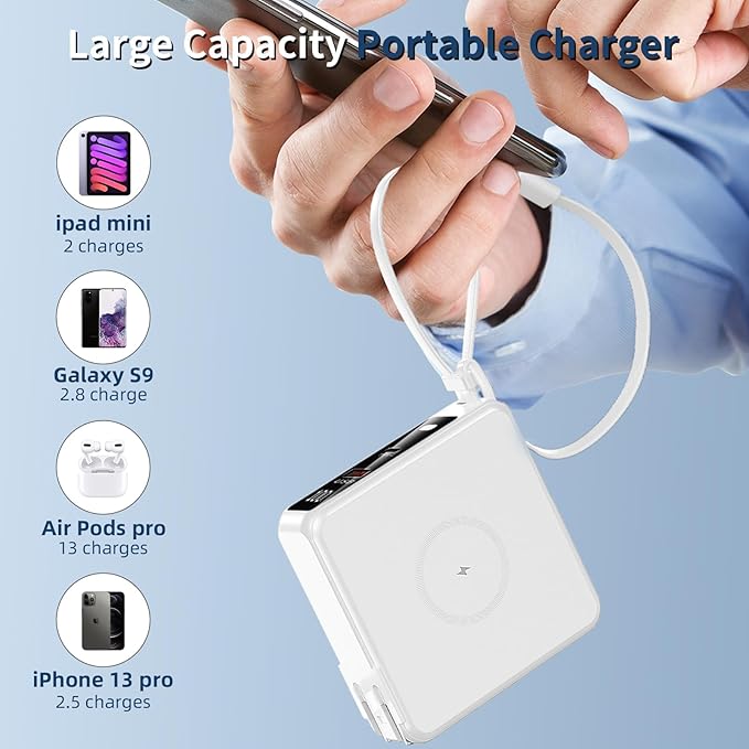 Wireless Charging Portable Charger with Built-in Cables & AC Wall Plug, 10000mAh Power Bank with LED light, PD 22.5W Fast Charging Travel Portable Charger for iPhone, Samsung, Android(No-Magnetic)