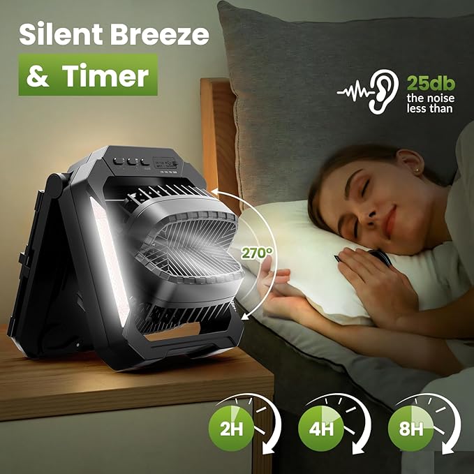 26800mAh Portable Fan Rechargeable with 18W Detachable Solar Panel, Quiet Battery Powered Camping Fan Cordless with LED Lantern,3 Speed,Timer,USB-C,for Bedroom Tent Home Office Desk Hurricane(Black)