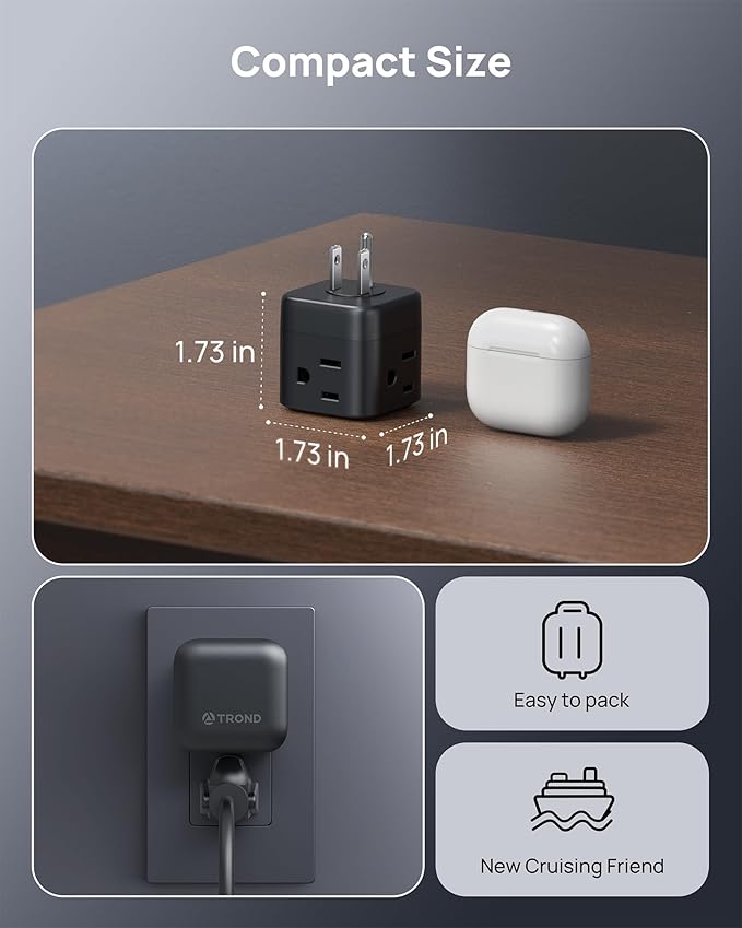 TROND Sideways Outlet Adapter, Multi Plug Wall Outlet with 360 Rotating Plug & 3 Electrical Sockets, A Small Black Charging Station Turn One into Multiple Sideways Extender for Dark Wall Decor
