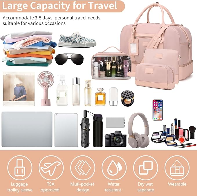 Wogarl 4PCS Weekender Bags for Women Large Overnight Weekend Travel Duffel Carry on Shoulder with Shoe Compartment Canvas Toiletry Bag for Travel Business Gym