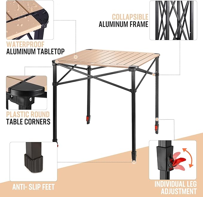 VILLEY Folding Camping Square Table with Carry Bag, Lightweight Aluminum Adjustable Square Table for Outdoor, Camping, Picnic, Backyards, BBQ, Large