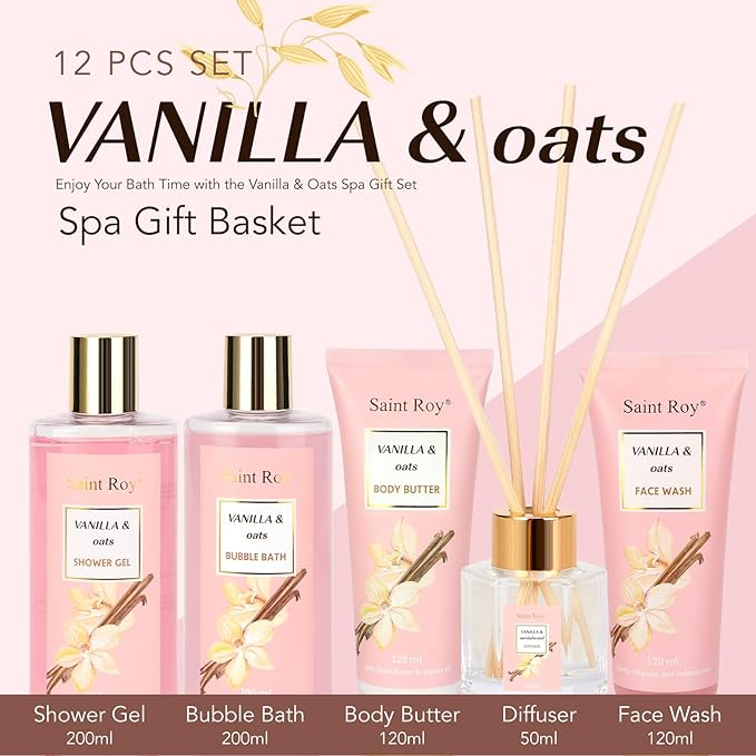 Mothers Day Gifts for Women Spa Gift Basket Vanilla Oat 16 Pcs Bath Scents for Women,Bath Gift Set Enriched essential oil, Home Spa with Shower Gel, Body Oil, Diffuser, Shower Steamer spa kit Mom