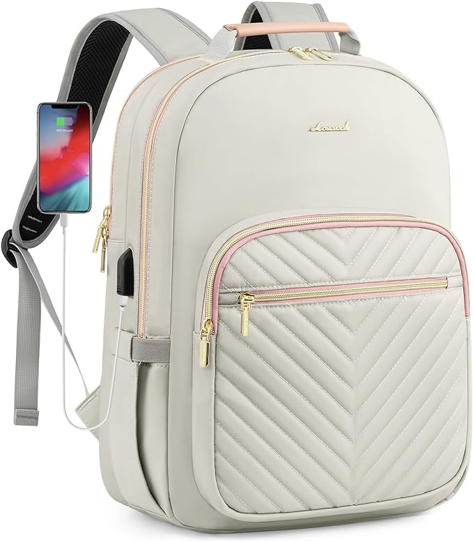 LOVEVOOK Laptop Backpack for Women, Travel Computer Work Bags with 17-inch Laptop Compartment, College School Student Bag Teen Backpacks For Girls, Outdoor Carry On Backpack Purse, Grey Pink