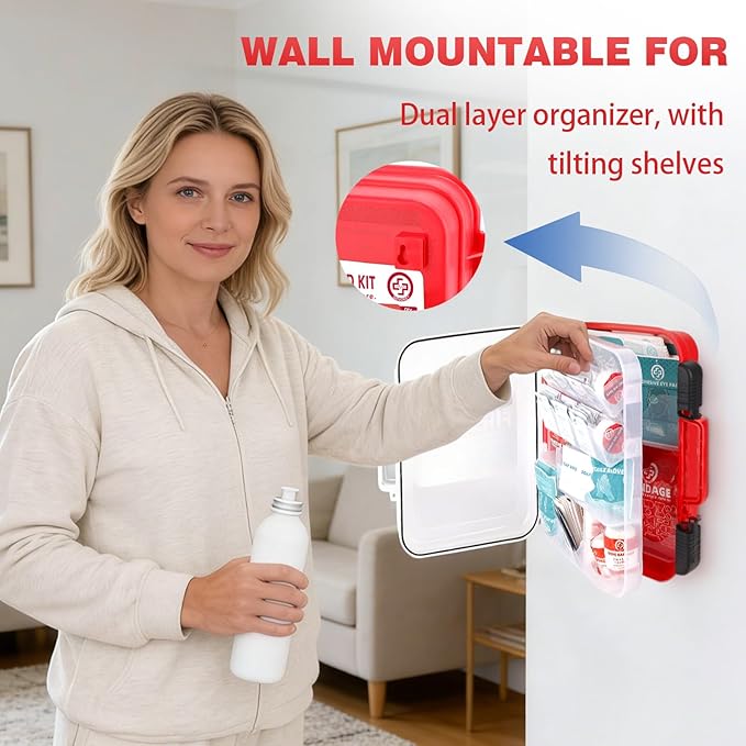 Gevoke 400 Piece First Aid Kit - Organized Dual-Layer Wall-Mountable Hard Case Medical Kit for Home, Car, Camping, Travel, Hiking, Truck, Office, Sports, Vehicle & Outdoor Emergencies