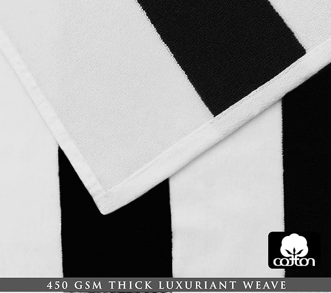 COTTON CRAFT Oversized Beach Towel - 2 Pack 35 x 70 inches XL Beach Towel - 100% Cotton Velour - Big & Huge - Thick Plush 450 GSM Super Soft Luxury Towel - Pool Picnic Bath - Cabana Stripe Black