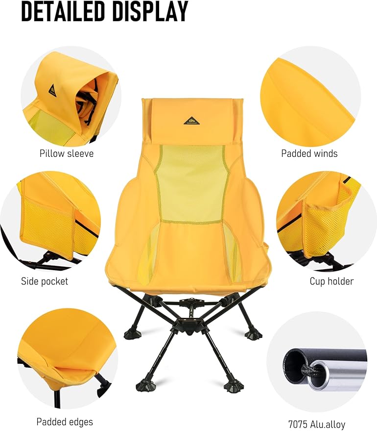 iClimb Ultralight Compact Camping Folding Beach Chair with Anti-Sinking Large Feet (Yellow - Triangular Frame High Back)
