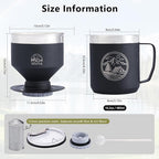 Stainless Steel Pour Over Coffee Maker Set, Outdoor Coffee Dripper, Reusable Coffee Filter&Insulated Camping Mug (16oz), for Hiking, Camping&Outdoor Adventures, Rinse-clean&Portable -Black