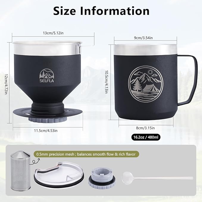 Stainless Steel Pour Over Coffee Maker Set, Outdoor Coffee Dripper, Reusable Coffee Filter&Insulated Camping Mug (16oz), for Hiking, Camping&Outdoor Adventures, Rinse-clean&Portable -Black