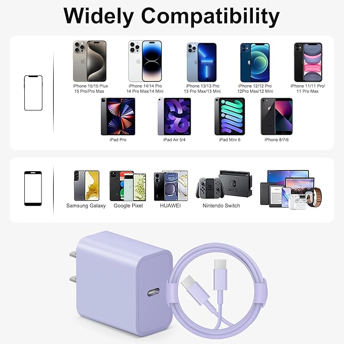 iPhone 17 16 15 Charger Fast Charging 6FT - 20W USB C Charger Block with 6FT Type C to C Cable Compatible with iPhone 17/17 Pro/17 Pro Max/Air/16/16e/15, iPad Pro, iPad Air (Purple)