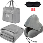 Travel Blanket Pillow Set - Travel Neck Pillow & Blanket for Airplane, Thick Fleece Plane Blanket, Hooded Memory Foam Neck Pillows, Foldable Duffel Bag, Sleep Mask, Earplugs for Plane Traveling, Gray